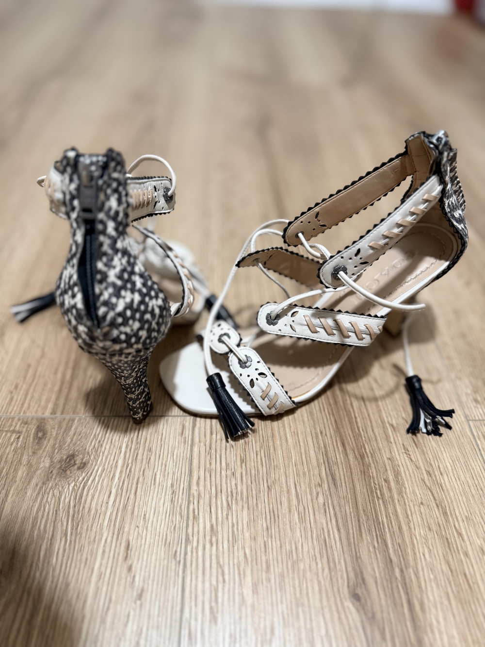 Coach Black & White Tassel Lace-Up Heels with Woven Detail